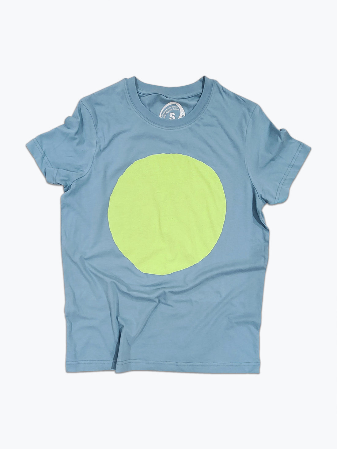 Slate blue t-shirt with large bright neon green-yellow circle printed on the front.