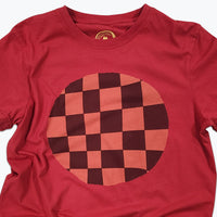 Red t-shirt with a checkered circle design on a white background