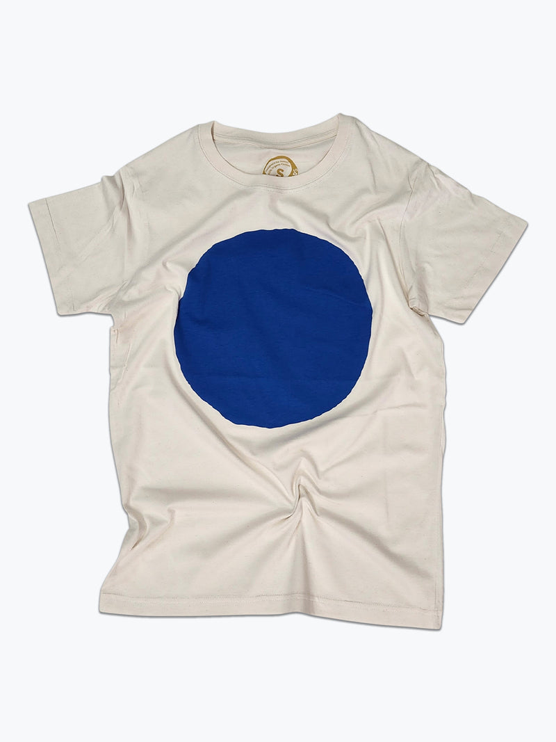 Beige t-shirt with a blue circle on a white background