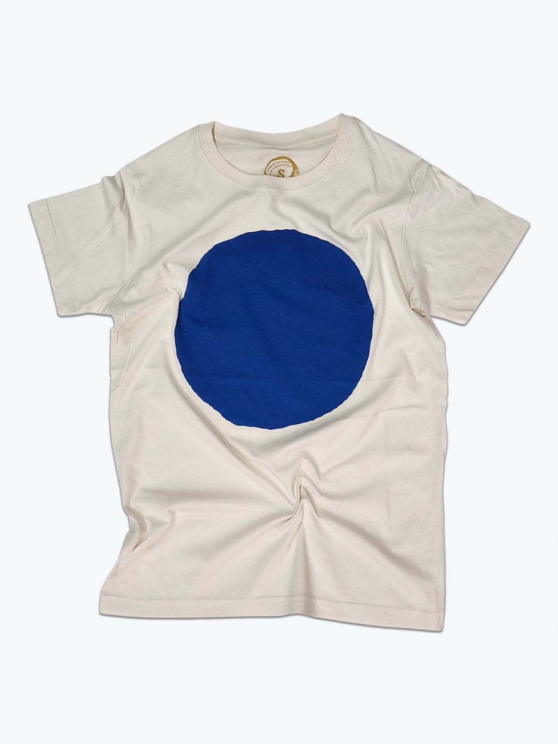 Beige t-shirt with a blue circle on a white background