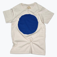 Beige t-shirt with a blue circle on a white background