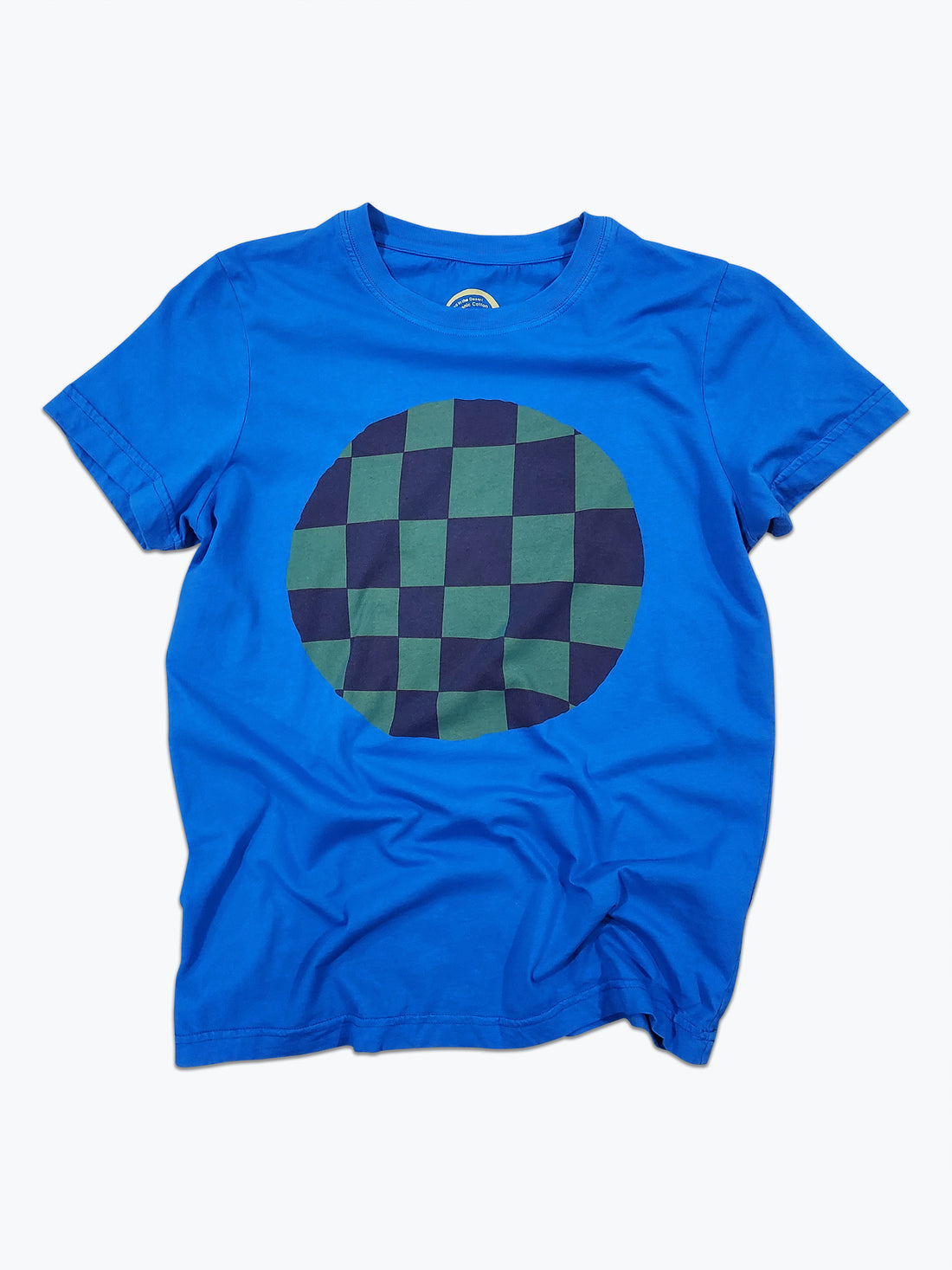 Blue t-shirt with a green and dark red checkered circle design on a white background