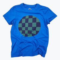 Blue t-shirt with a green and dark red checkered circle design on a white background