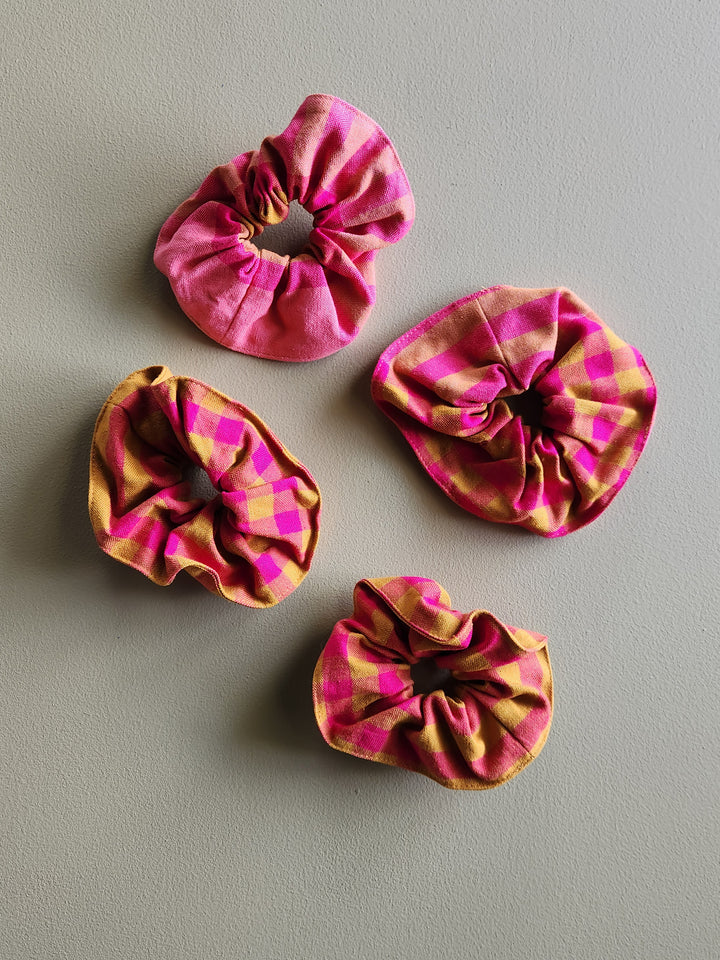 Pink and ochre yellow gingham cotton scrunchie.