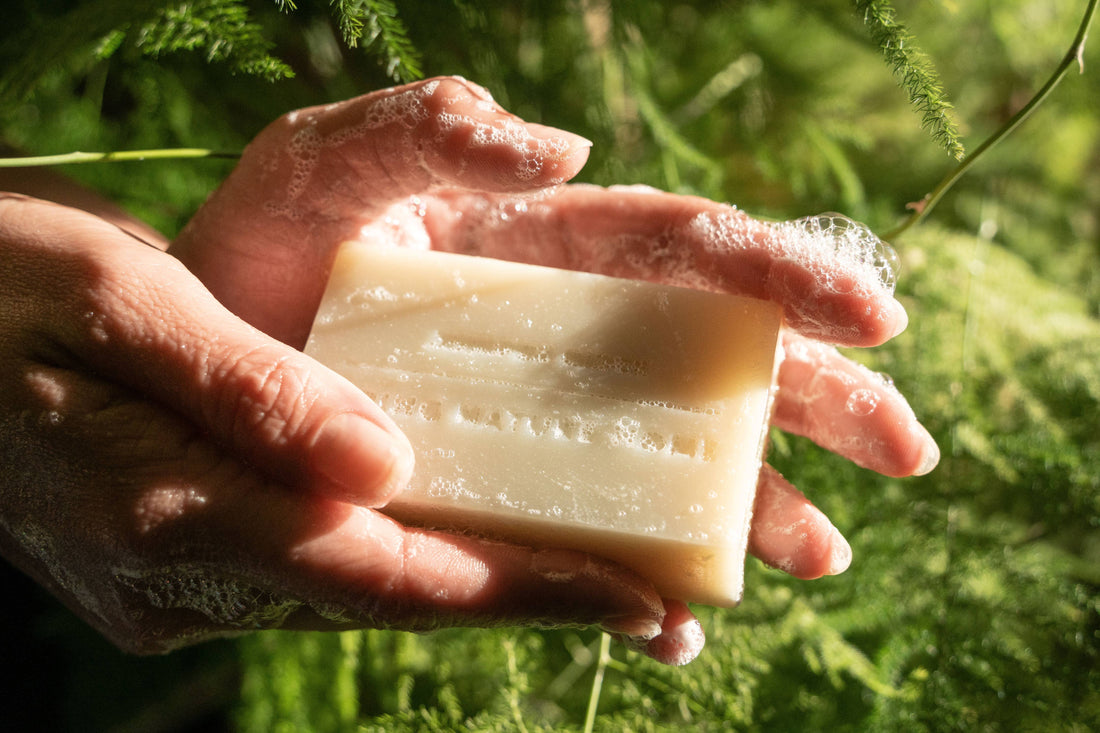 Hand holding a bar of soap with a natural background