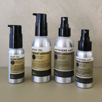Four fragrance products from All Roads and Body Care lined up on a beige surface against a textured beige wall. The set includes Desert Midnight Body Oil, Desert Midnight Body Oil, Desert Midnight Body Mist, and Desert Midnight Anywhere Mist in silver bottles with black caps and tan labels.
