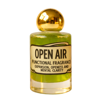 Perfume bottle labeled 'Open Air' with a gold cap on a white background