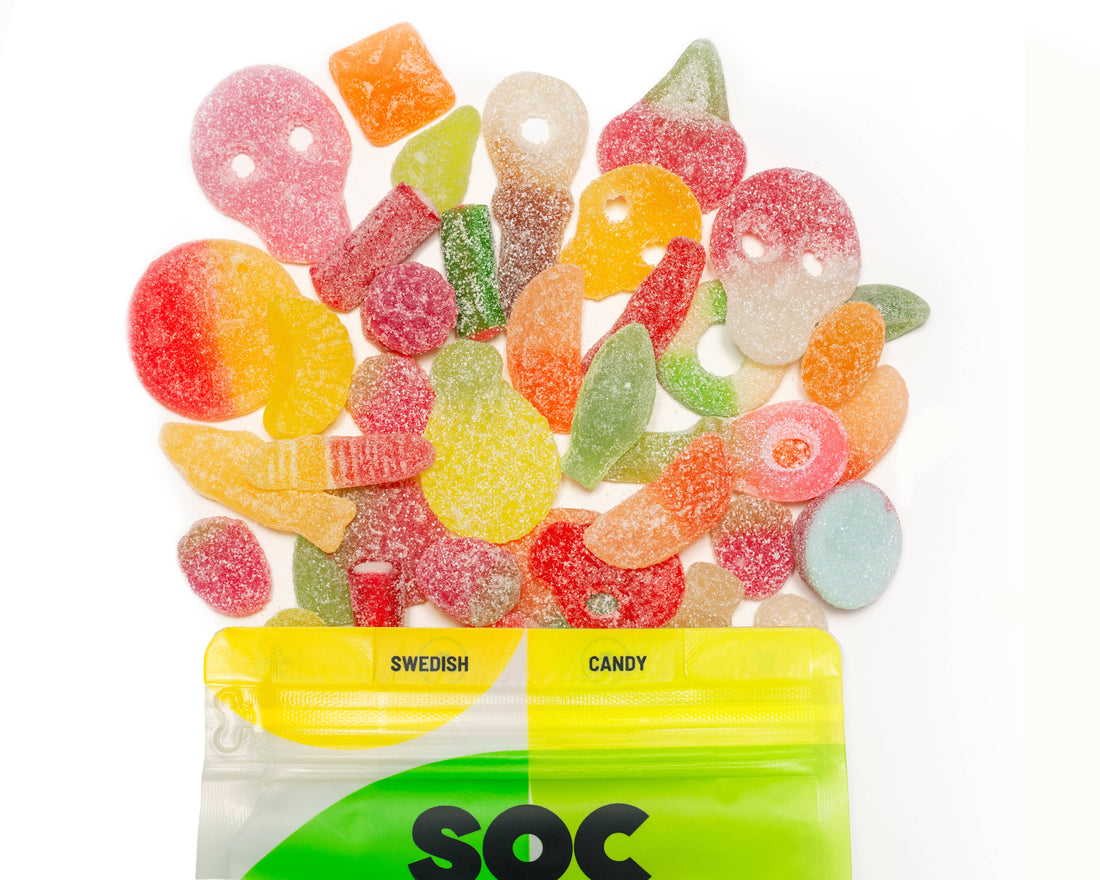 Assorted colorful Swedish candy with a &