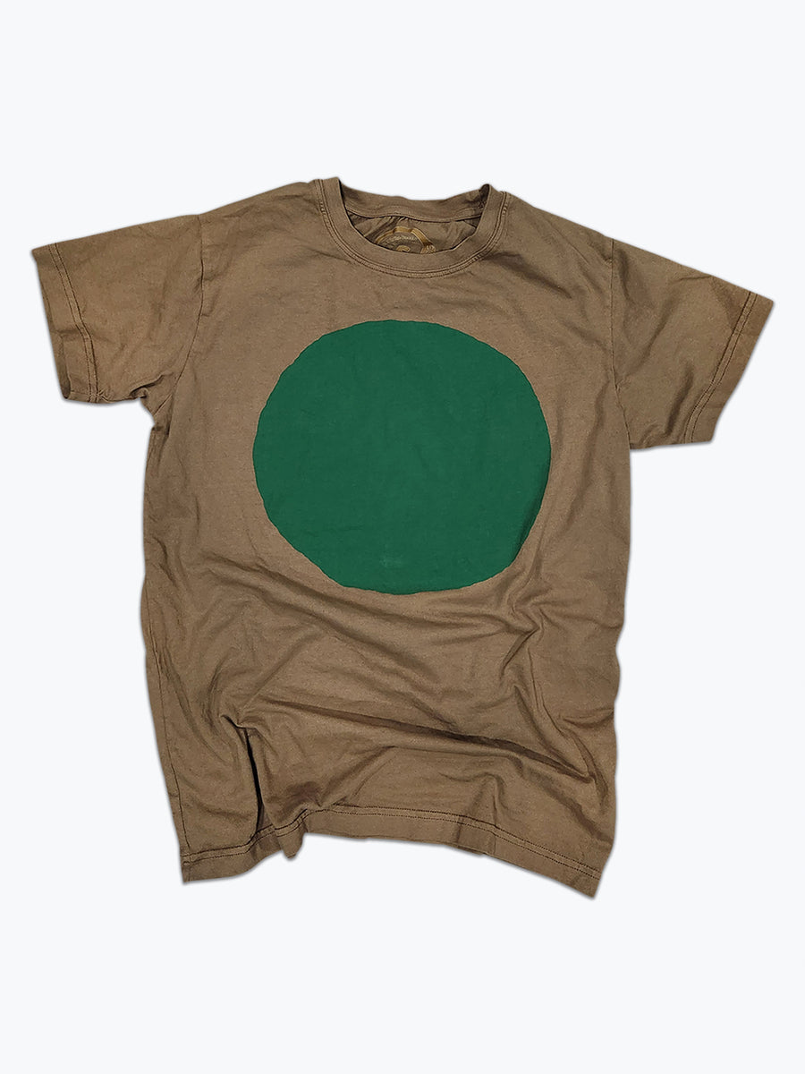 Army green t-shirt with a large dark kelly green circle printed on the front.