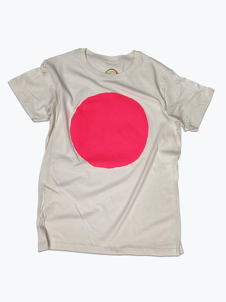 Beige t-shirt with a pink circle on a white background