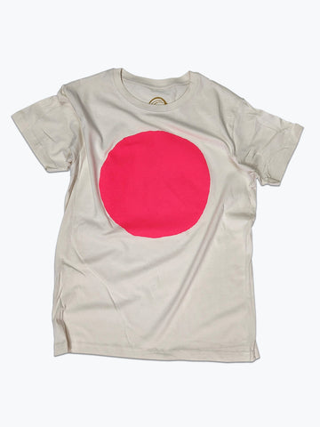 Beige t-shirt with a pink circle on a white background