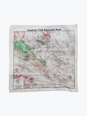 A cotton bandana with a topographical map of Joshua Tree National Park printed on it. 