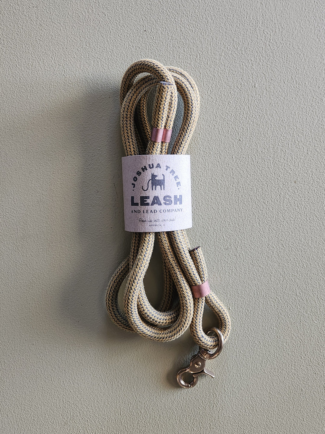 Beige dog leash with pink accents and a label on a gray background