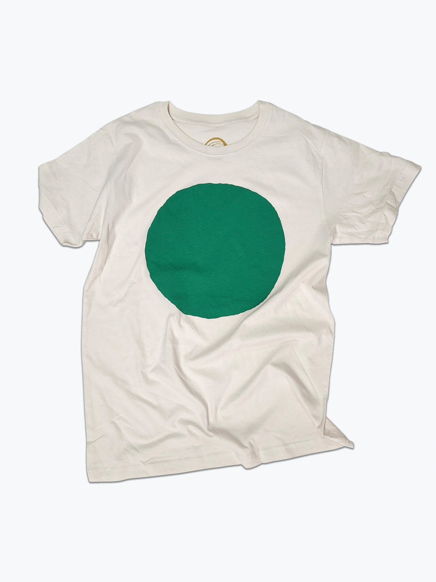 White t-shirt with a large green circle on a white background