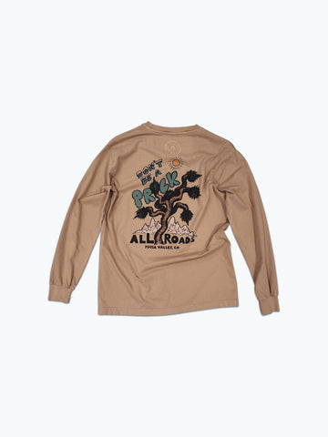 Long Sleeve t-shirt with an illustration on the back that shows a Joshua Tree and desert scene with the words "Don't be a prick"