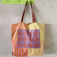 Mixed plaid tote bag.