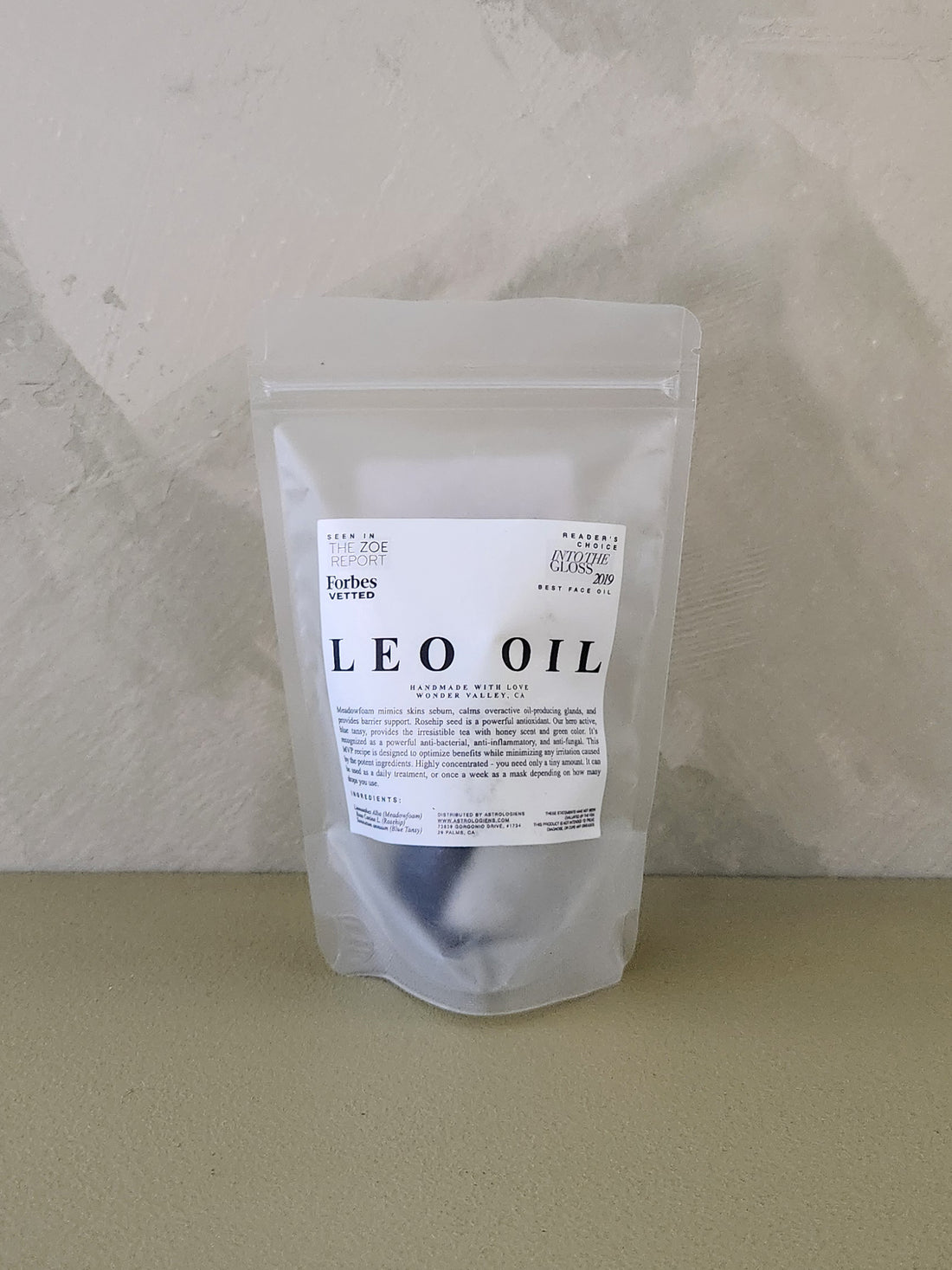 A stand-up pouch package labeled &