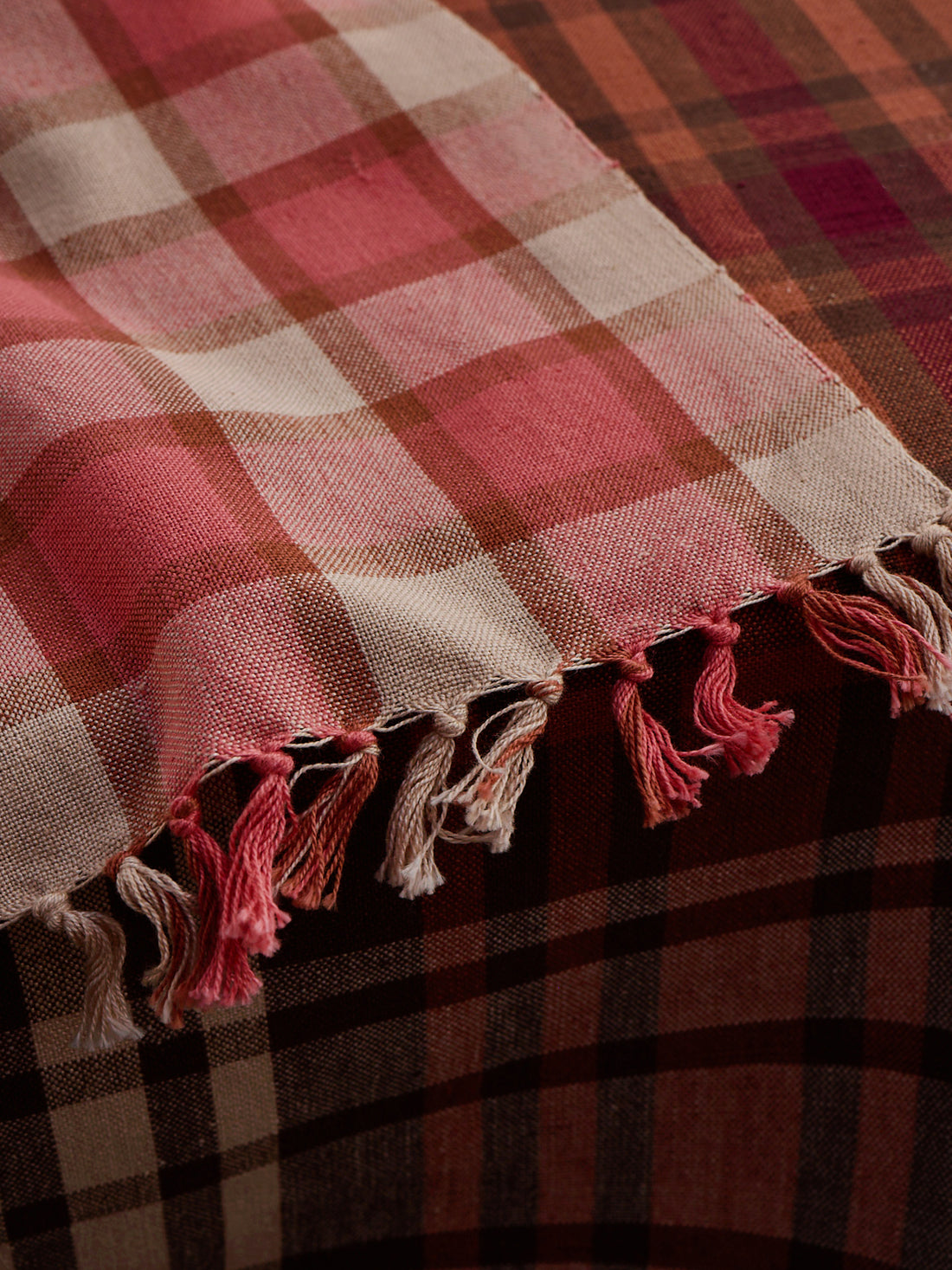 Plaid tablelinen with tassels on a plaid surface