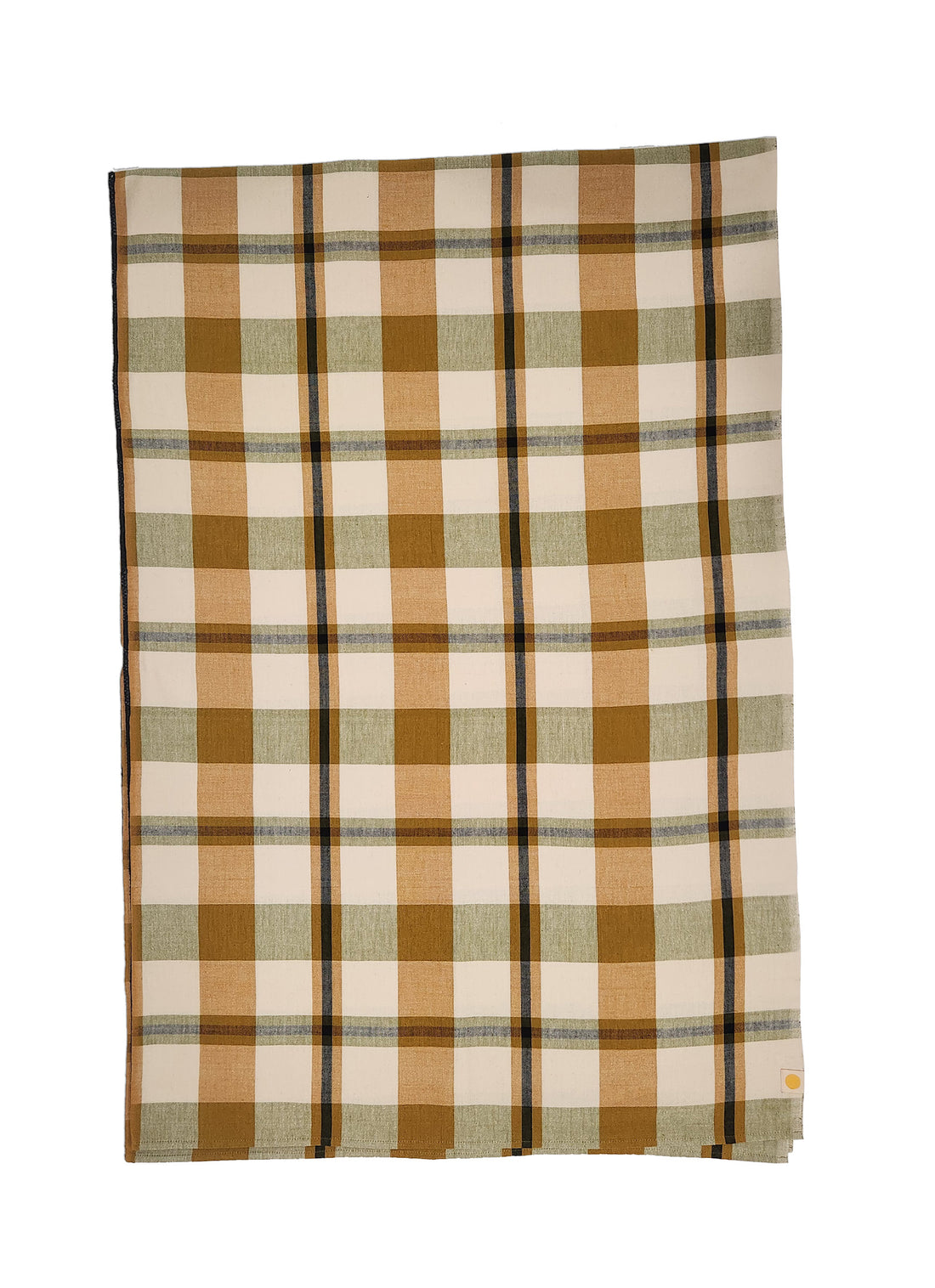 A folded plaid fabric item, likely a blanket or throw, featuring a warm autumn pattern of brown, beige, sage green, and thin black stripes on a white background.