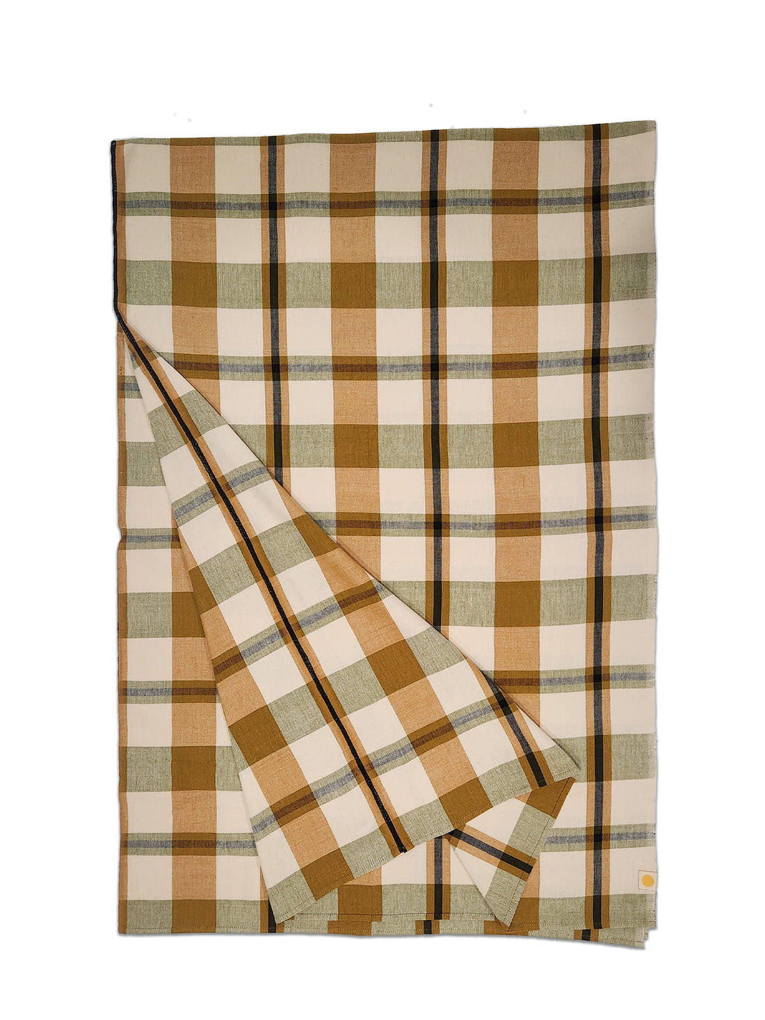 A folded plaid blanket or throw in a warm autumn color palette, featuring beige, brown, sage green, and white stripes on a white background.