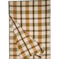 A folded plaid blanket or throw in a warm autumn color palette, featuring beige, brown, sage green, and white stripes on a white background.