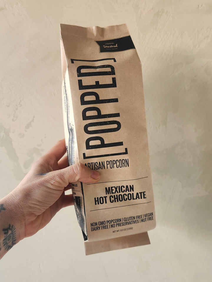 a bag of popcorn flavored like mexican hot chocolate.