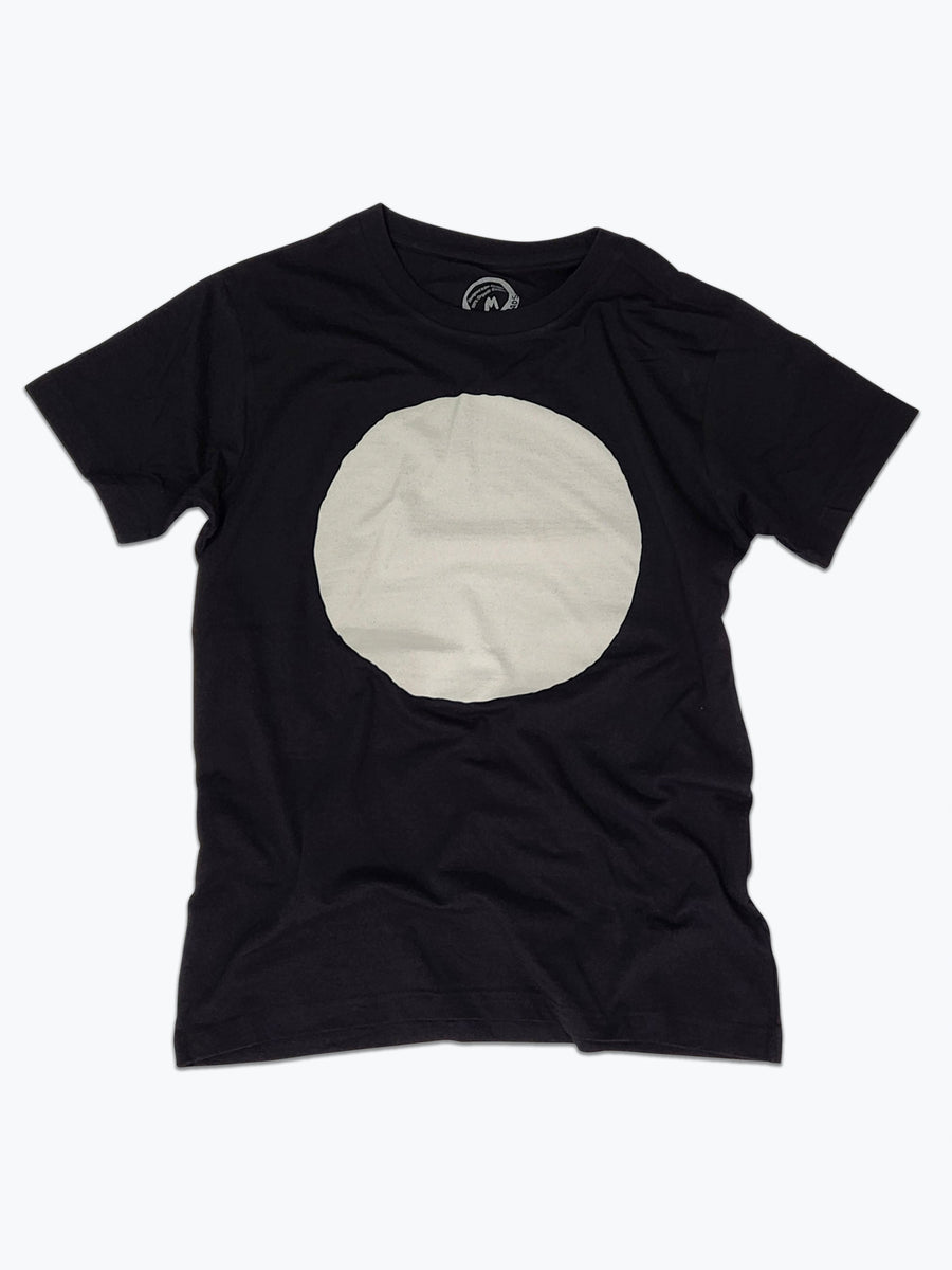 Black t-shirt with a beige circle design on a white background