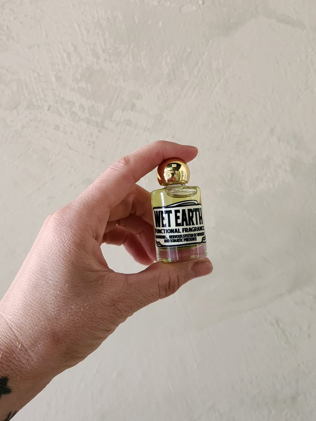 A hand holding a small glass bottle of Wet Earth Functional Fragrance with a gold cap against a textured off-white wall.