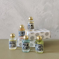 Five small glass perfume bottles with gold caps and black-and-white labels are arranged in front of a textured light gray wall. The labels read Sun Pulp, Cold Smoke, Neural Mix, Open Air, and Wet Earth.