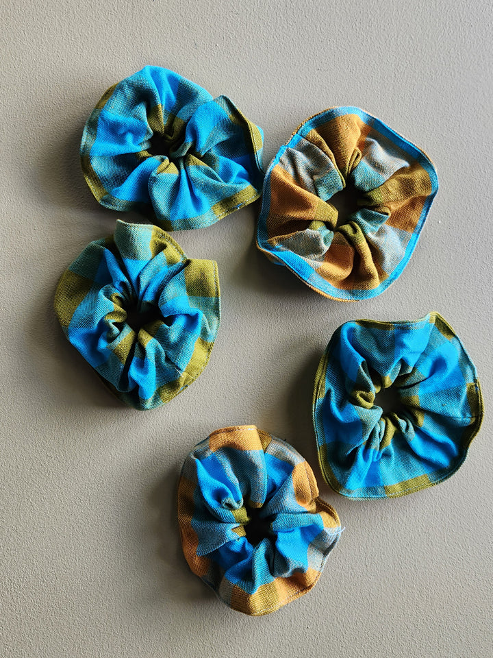 Turquoise, yellow and green plaid cotton scrunchie.