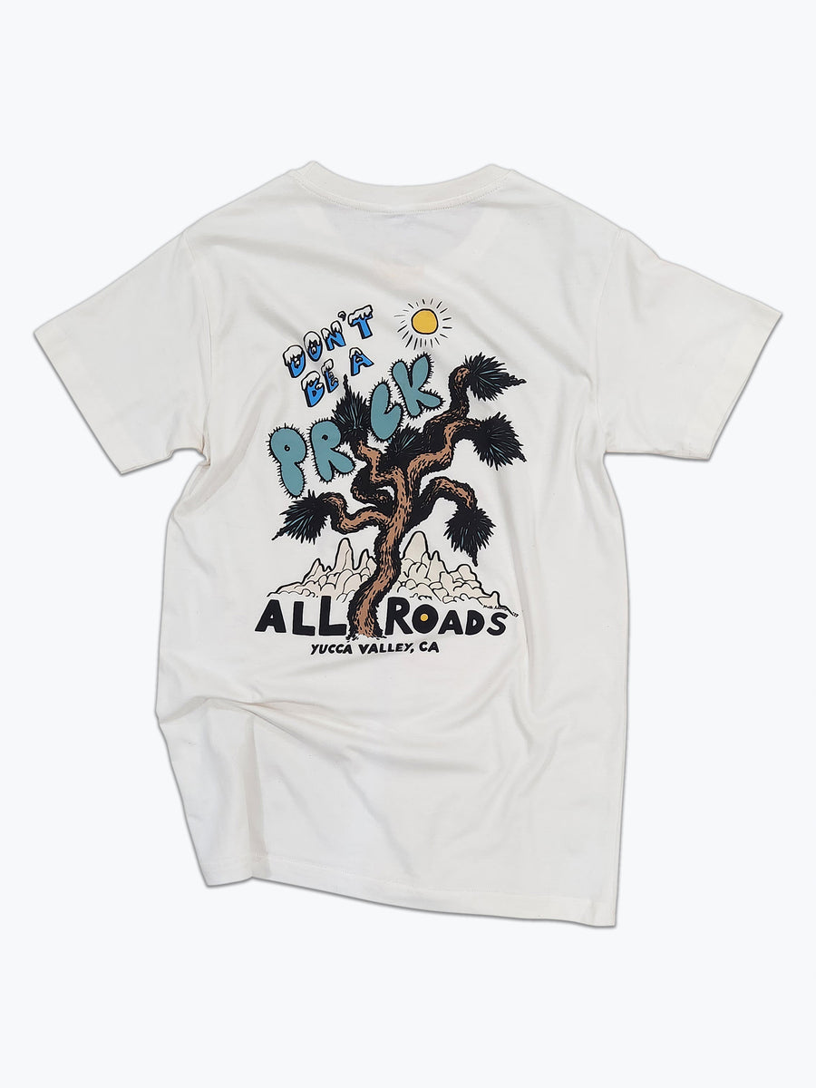 Illustrated t-shirt says "don't be a prick"