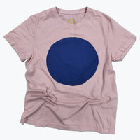 Pink t-shirt with a large blue circle on a white background