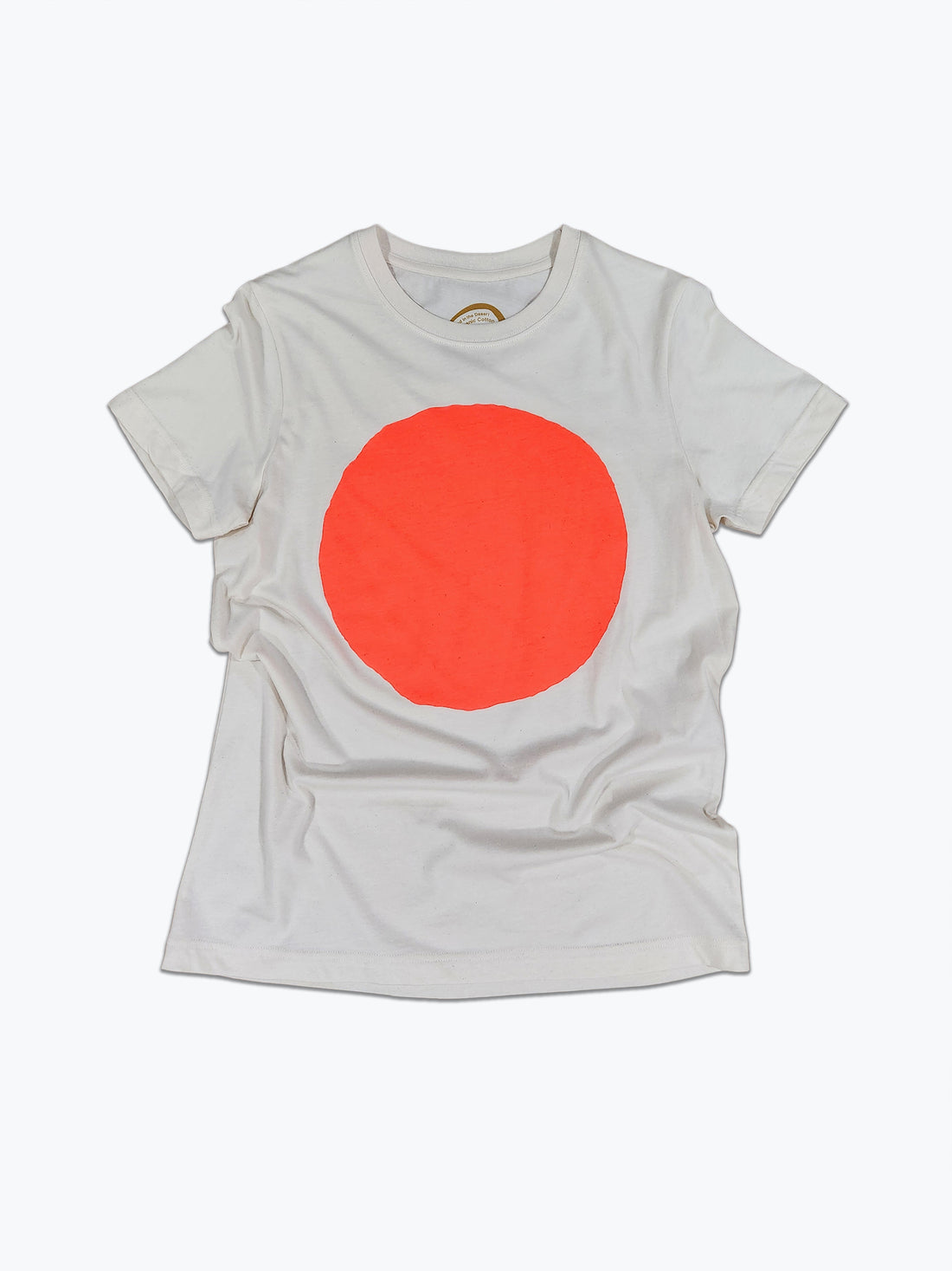 White t-shirt with a large neon orange circle on a white background