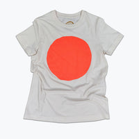 White t-shirt with a large neon orange circle on a white background