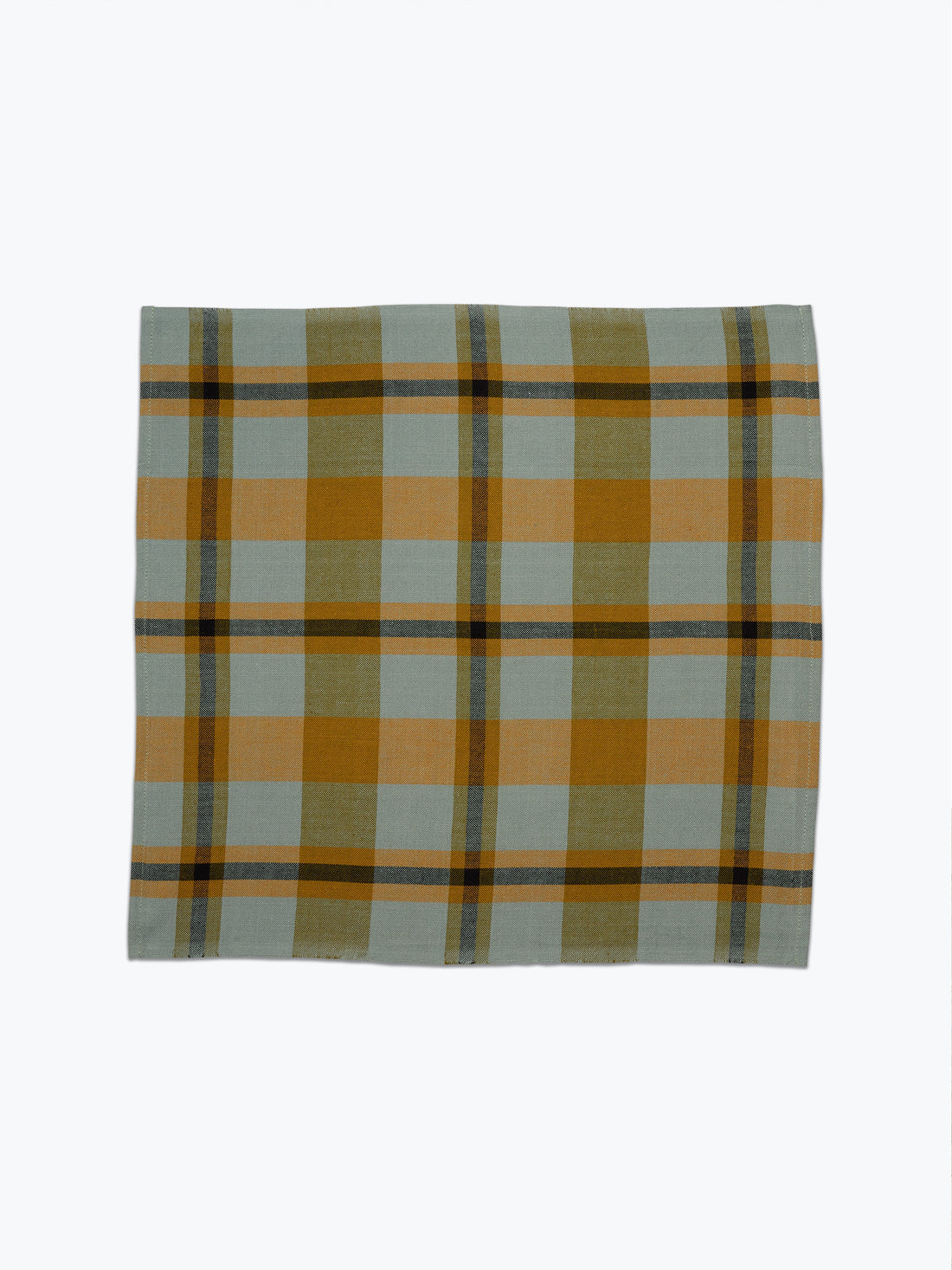 A square plaid napkin in muted sage green, mustard yellow, and dark brown stripes, displayed flat against a clean white background.
