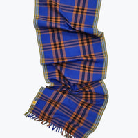 Plaid cotton tablerunner in cobalt blue, brown and black.