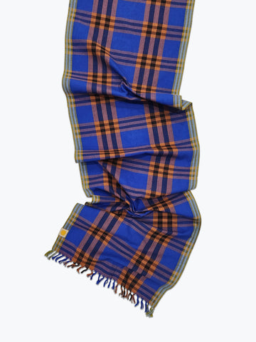 Plaid cotton tablerunner in cobalt blue, brown and black.