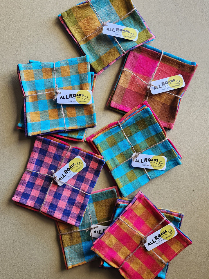 Set of 4 mix fabric cocktail napkins made from scraps leftover from Spring 25 tabletop production.