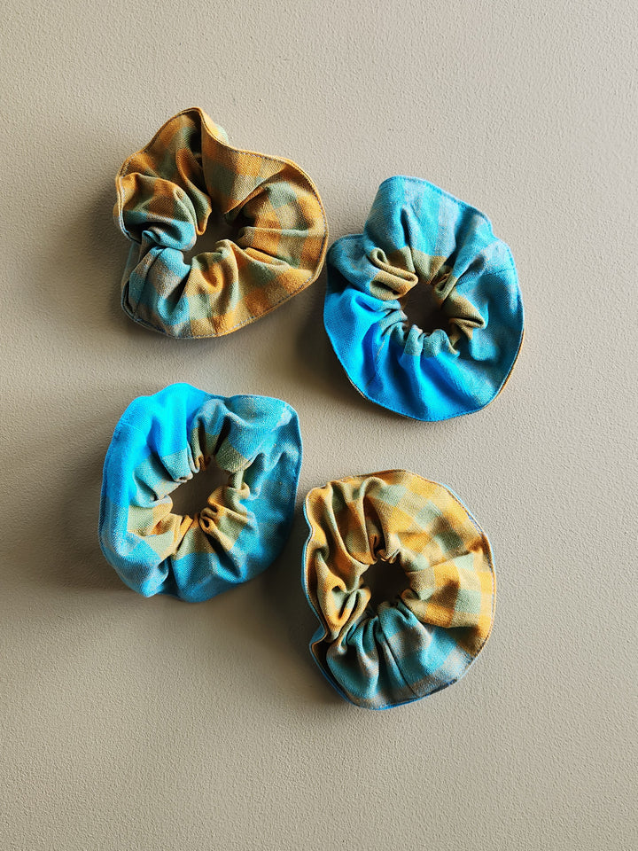 Turquoise and yellow plaid cotton scrunchie.