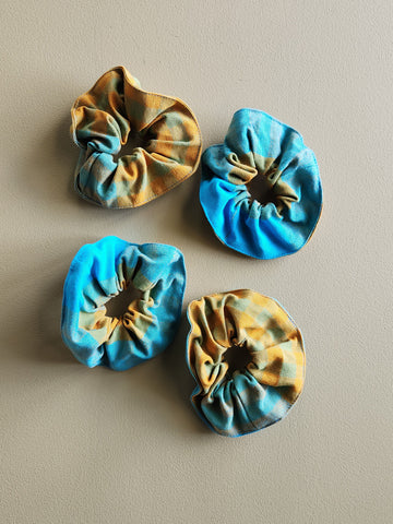 Turquoise and yellow plaid cotton scrunchie.