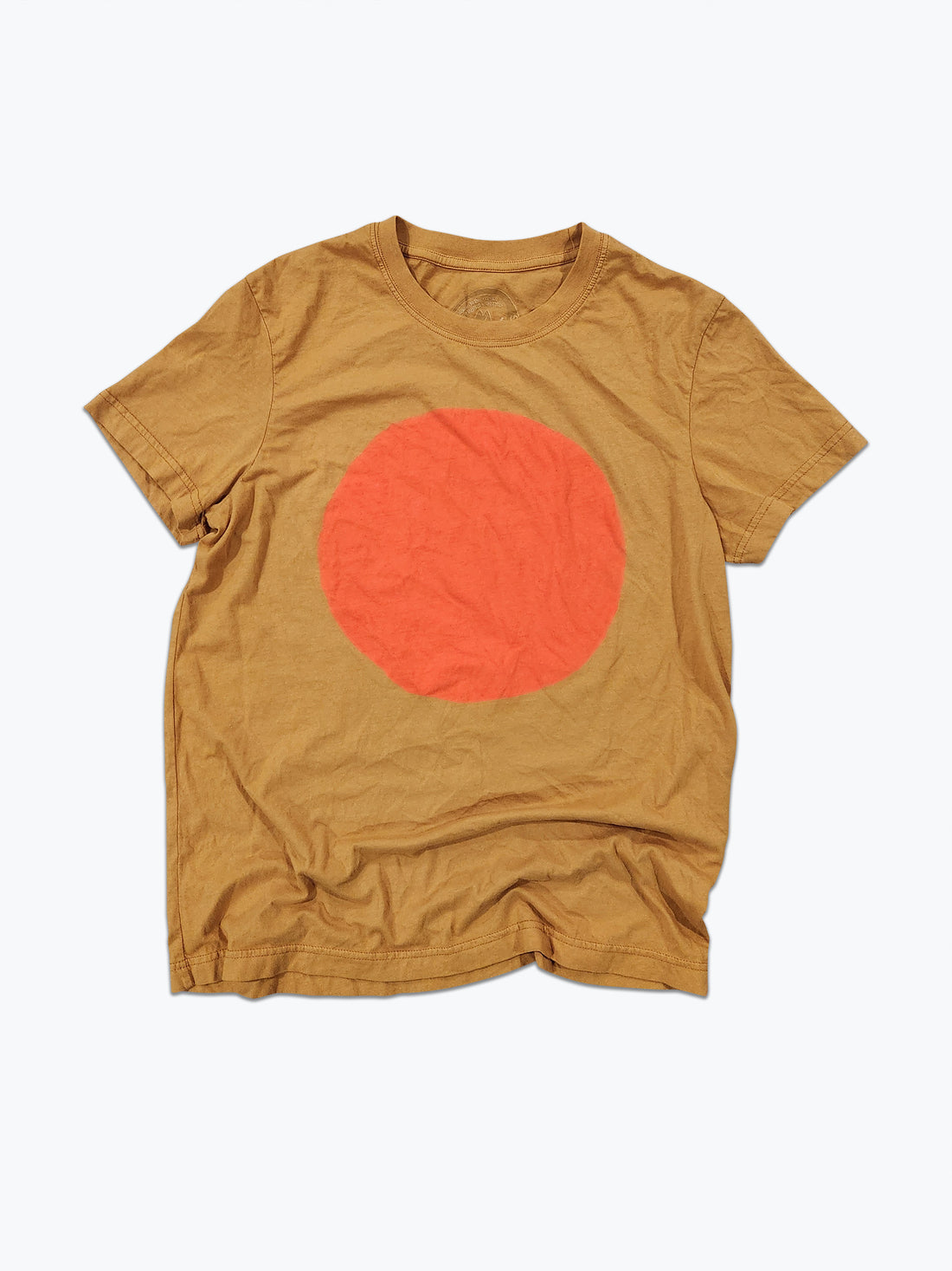 Ochre t-shirt with a orange circle on a white background