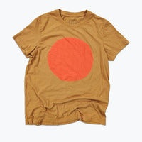 Ochre t-shirt with a orange circle on a white background