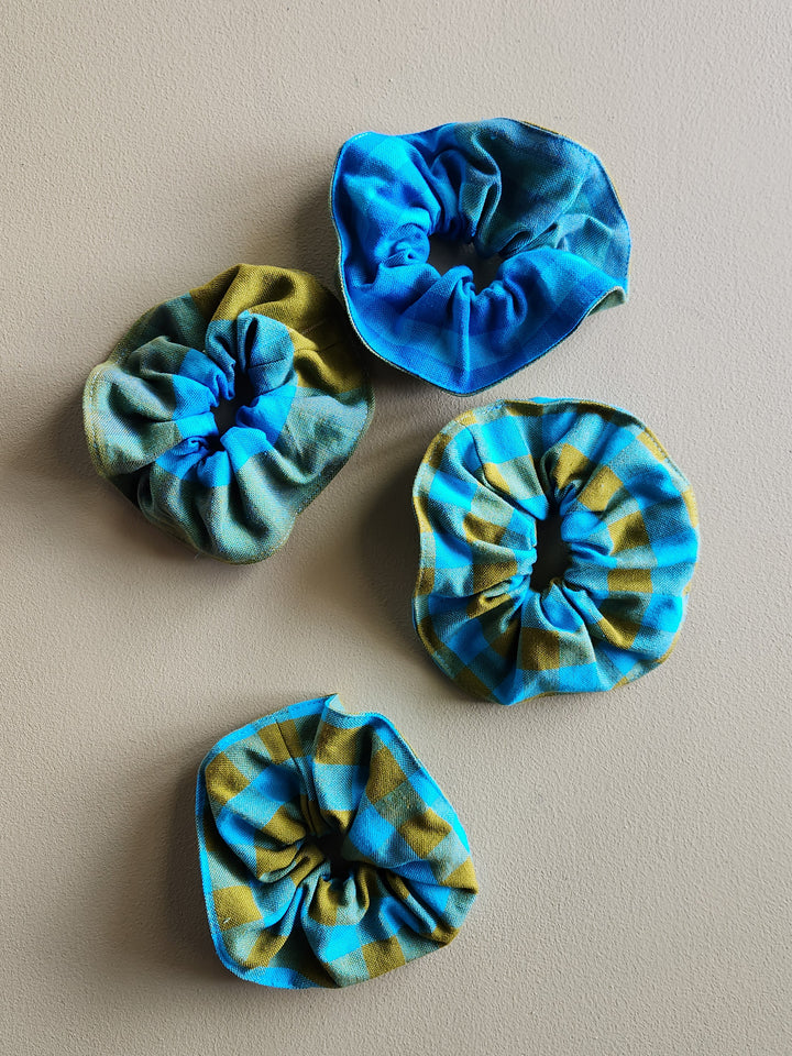Turquoise and green gingham cotton scrunchies.