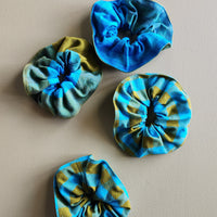 Turquoise and green gingham cotton scrunchies.