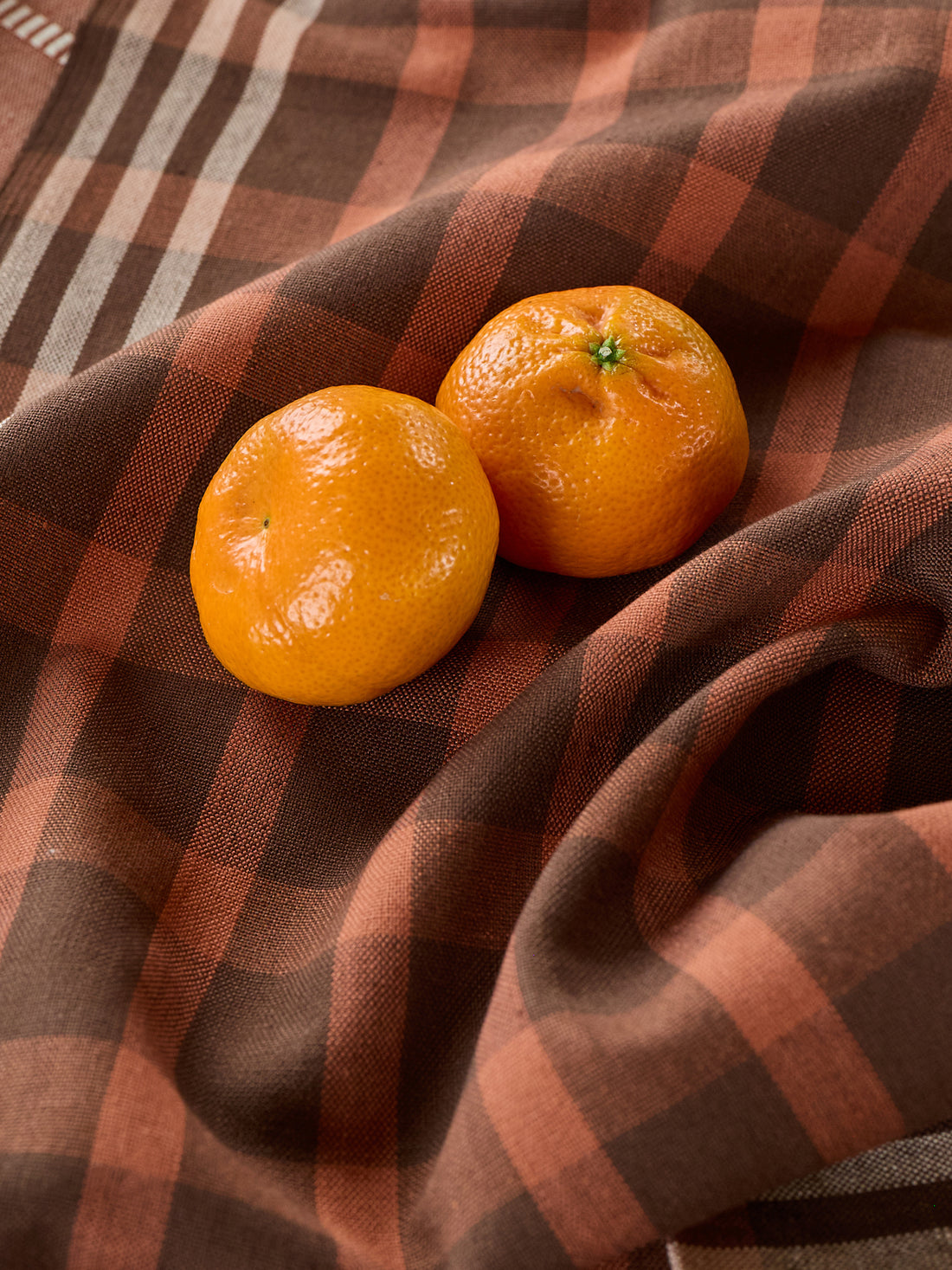 Two mandarins on a brown checkered fabric