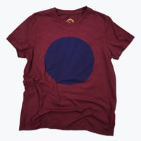 Maroon t-shirt with a large blue circle on a white background