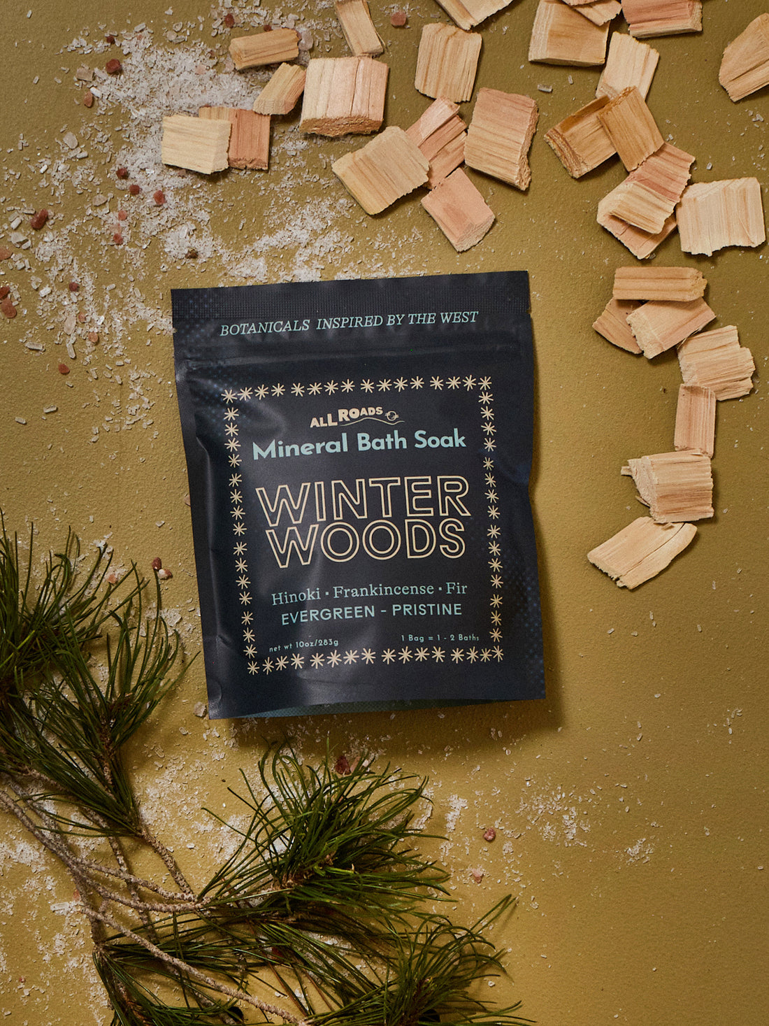 A package of All Roads bath soak winter woods.